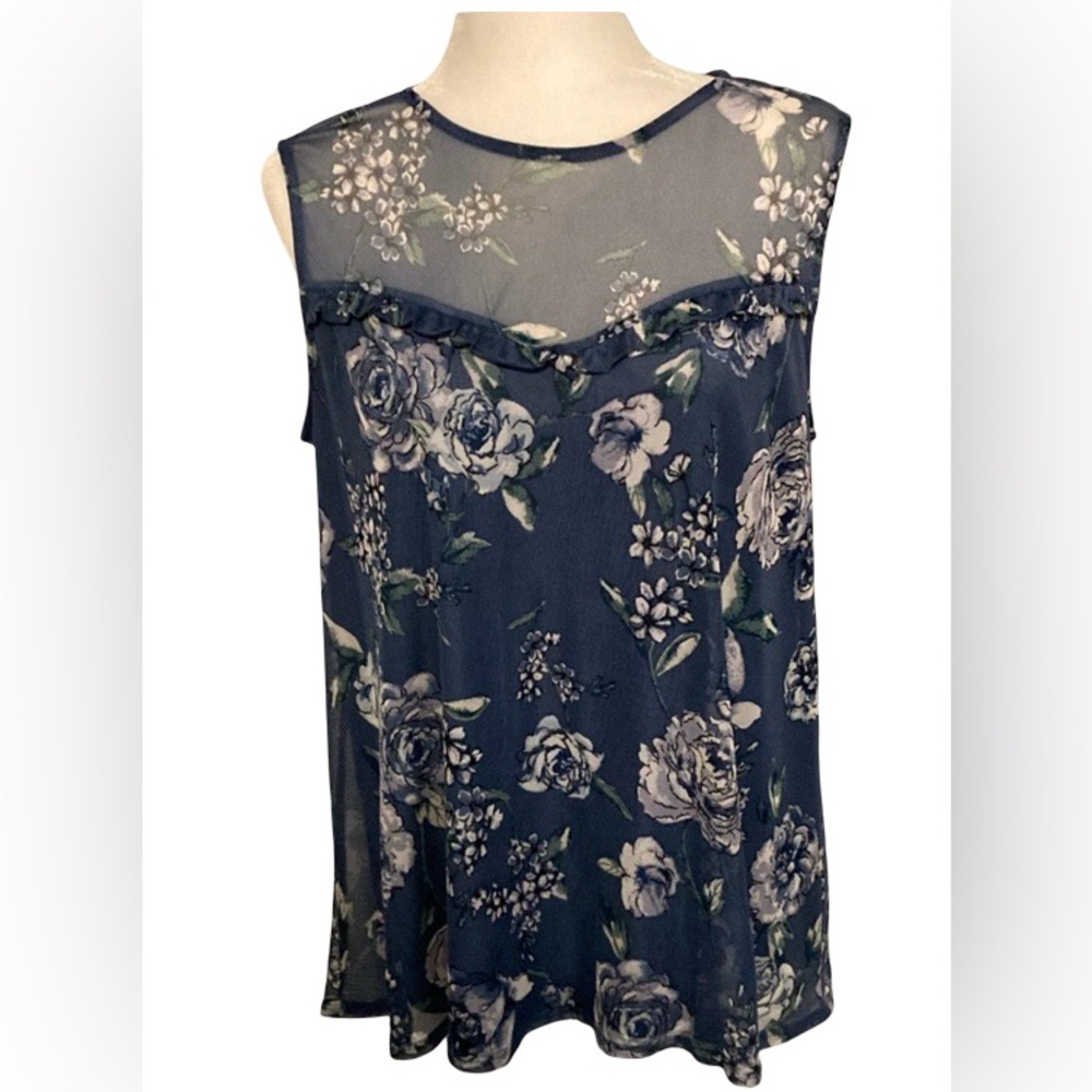 Apt. 9 Floral Semi Sheer & Lined Blue Gray Green Sleeveless Pullover Women Top L